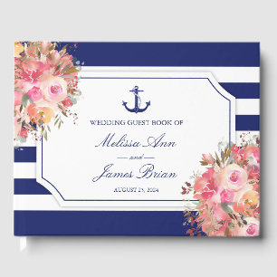 Livre D'or Ancre nautique rose Floral bleu Mariage rayé