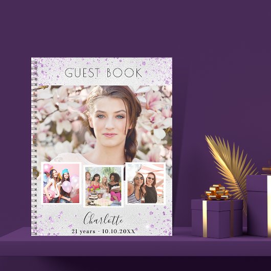Livre d'or anniversaire argent violet photo collag