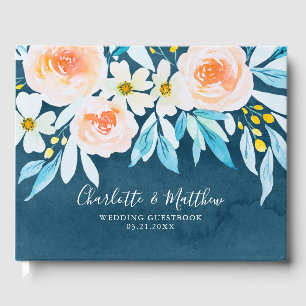 Livre D'or Aquarelle bleu moderne Mariage botanique