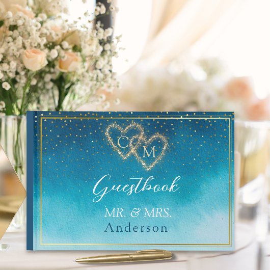 Livre D'or Aquarelle Bleu Océan Vagues Avec Mariage Monogramm