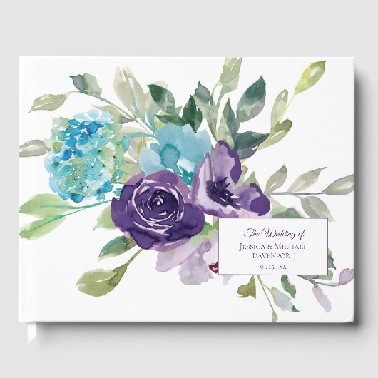 Livre D'or Aquarelle bleu violet Mariage floral (Recto)