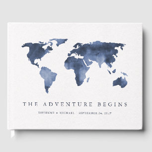 Livre D'or Aquarelle bleue World Map Mariage