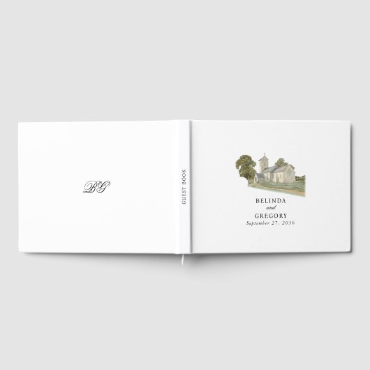 Livre D'or Aquarelle Eglise traditionnelle Monogramme Mariage (Complet)