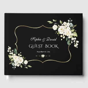 Livre D'or Aquarelle Fleurs blanches Vert Or Noir Mariage