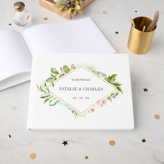 Livre D'or Aquarelle Floral Mariage de feuillage vert sauvage (Recto ouvert)
