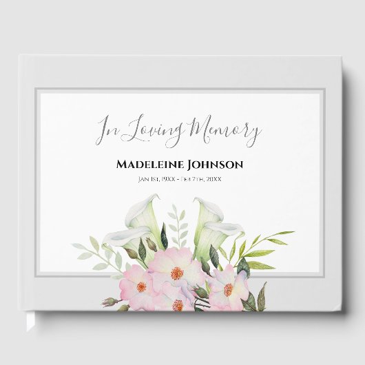 Livre D'or Aquarelle funéraire Blanc Calla Lily Fleurs Roses (Recto)