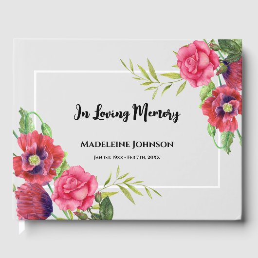 Livre D'or Aquarelle funéraire Rouge et rose Fleurs Gris (Recto)