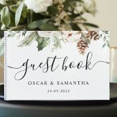 Livre D'or Aquarelle Hiver Pin vert Arbre et Fleurs blanches