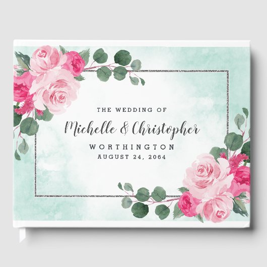 Livre D'or Aquarelle rose et argent Mariage floral (Recto)