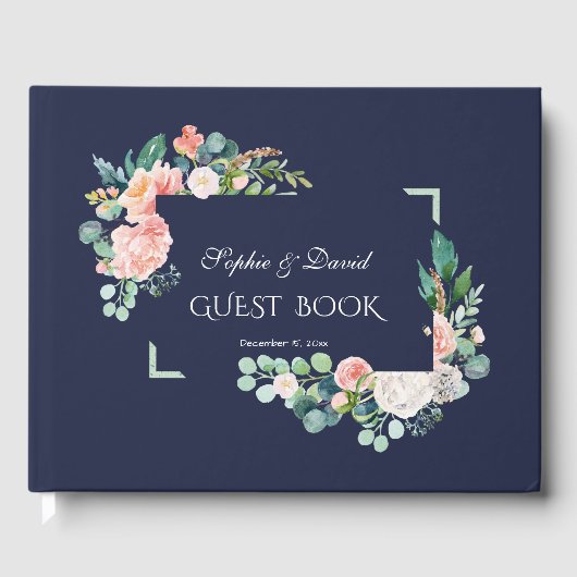 Livre D'or Aquarelle rose Fleurs blanches Mariage cadre vert (Recto)