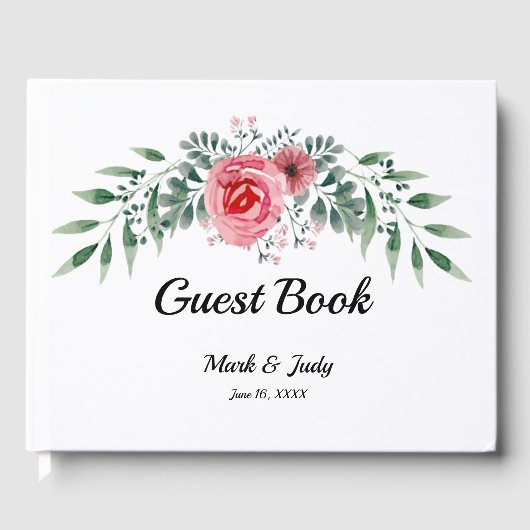 Livre D'or Aquarelle Rose Rose Vert Mariage de feuillage (Recto)