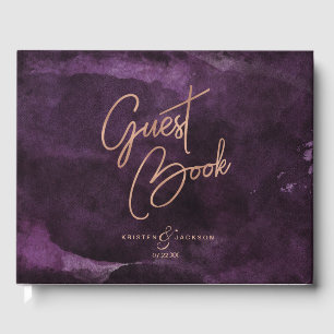 Livre D'or Aquarelle violet foncé Rose or Mariage Monogramme