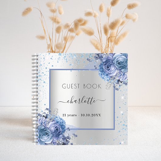 Livre d'or argent bleu marine florales