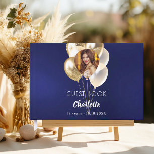 Livre D'or Ballons dorés photo bleu marine pour anniversaire