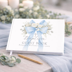 Livre D'or Baptême bébé garçon Eucalyptus Bleu Nœud