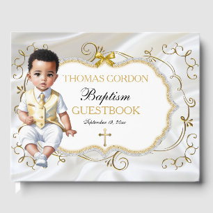 Livre D'or Baptême de garçon, tenue de baptême blanc et or av