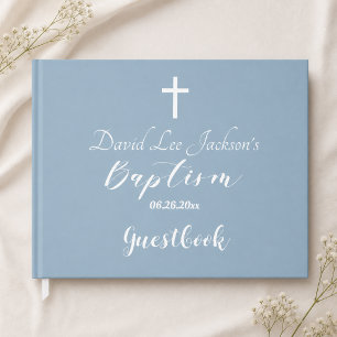 Livre D'or Baptême Moderne Ondoyé Croix Blanche Bleu Poussiér