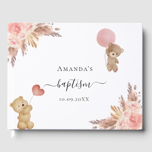 Livre D'or Baptême pampas herbe rose or en peluche fille (Recto)