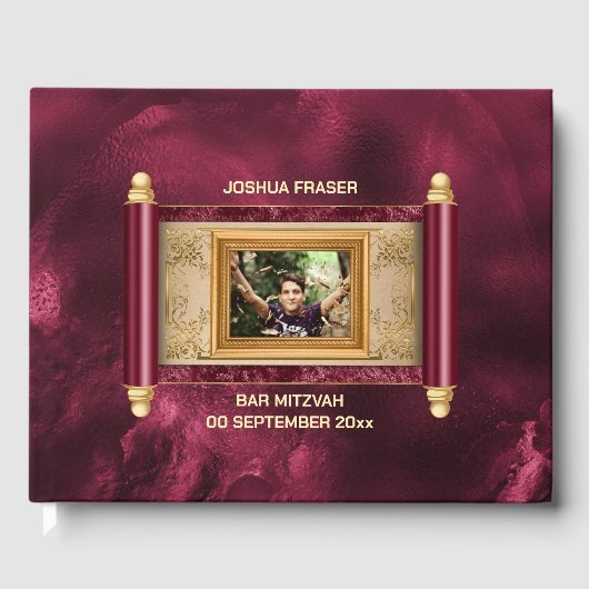 Livre D'or Bar mitzvah marbre bordeaux or scroll photo chic (Recto)