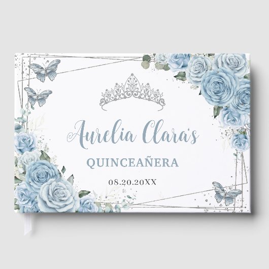 Livre D'or Bébé Blue Floral Papillons Silver Quinceañera (Recto)
