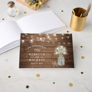 Livre D'or Bébé's Breath Mason Jar Rustic Wood Lights Mariage