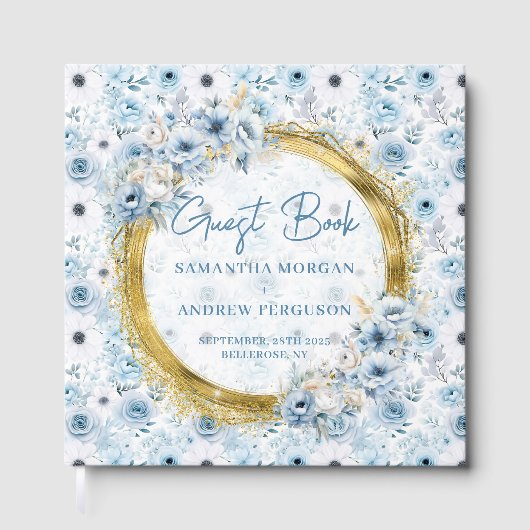 Livre D'or Belle Fleurs Bleues Bleues Lumière Mariage Parties (Recto)