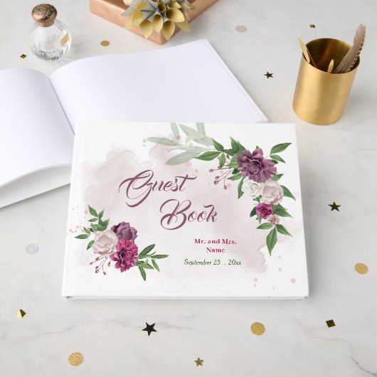 Livre D'or belle rose mauve bordeaux fleurs vert (Recto ouvert)