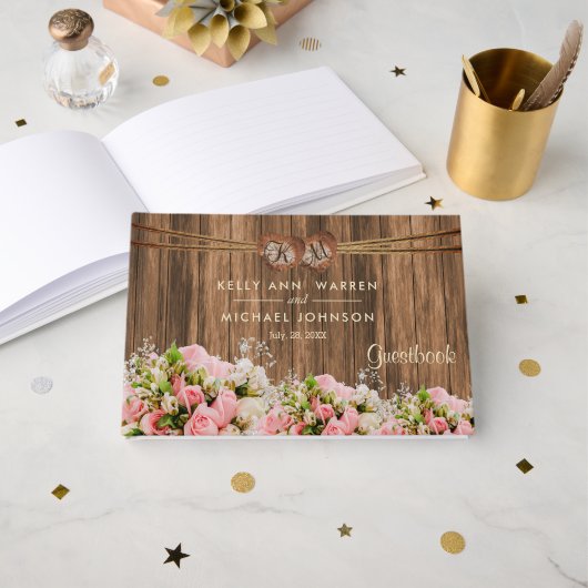 Livre D'or Belles roses roses roses et blanches sur bois - Li (Recto ouvert)