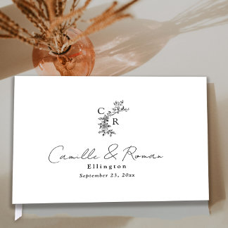 Livre D'or Black and White Flora Monogram Calligraphy Wedding
