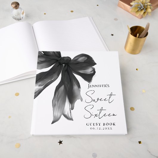 Livre D'or Black Bow Coquette Script Sweet 16 Party (Recto ouvert)