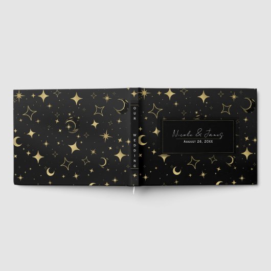 Livre D'or Black & Gold Moderne Lune Céleste Étoiles Mariage (Complet)