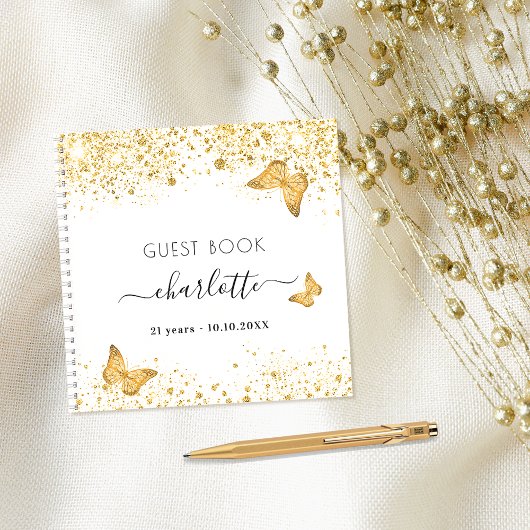 Livre d'or blanc parties scintillant des papillons