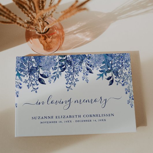 Livre D'or Bleu Floral Script En Mémoire Affectueuse