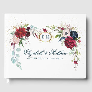 Livre D'or Bleu marine   Burgundy Bloom Watercolor Mariage