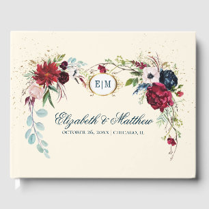 Livre D'or Bleu marine   Burgundy Bloom Watercolor Mariage