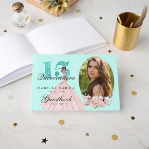 Livre D'or Bleu sarcelle floral et photo Quinceañera personna