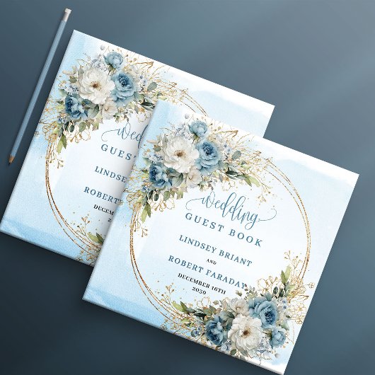 Livre D'or Blue Flowers Greenery Gold Wedding Guest Book
