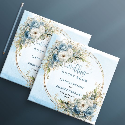 Livre D'or Bohemian Light Blue Floral Gold Glitter Guest Book
