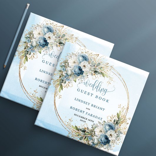 Livre D'or Boho Dusty Blue Flowers Greenery Gold Guest Book
