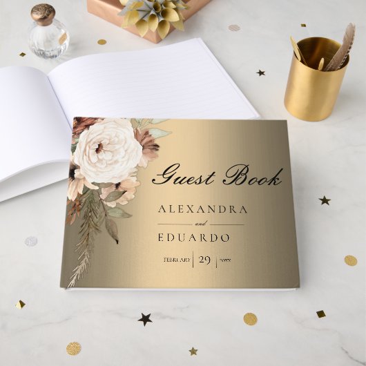 Livre D'or Boho Elegant Gold et Mariage Fleur sauvage (Recto ouvert)