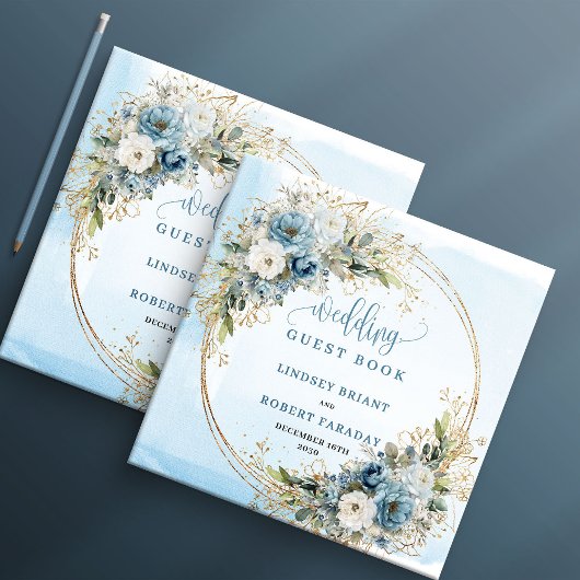 Livre D'or Boho Pastel Blue Flowers Gold Wedding Guest Book