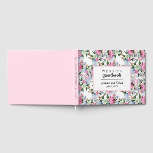 Livre D'or Boho rose blanc bleu Mariage Fleur personnalisée (Complet)