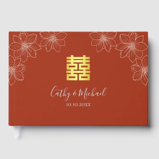 Livre D'or Boho rouge moderne floral mariage chinois (Recto)