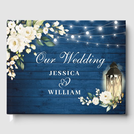 Livre D'or Bois Bleu & Blush Rose Floral Rustique Mariage (Recto)