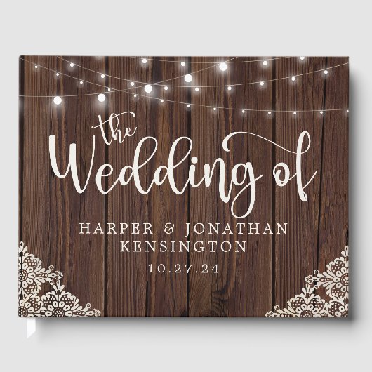 Livre D'or Bois rustique Chaîne Lumière Dentelle Mariage Phot (Recto)