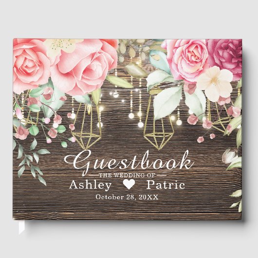 Livre D'or Bois rustique Floral String lumières Mariage (Recto)