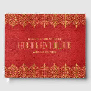 Livre D'or Bordure en cuir rouge et en dentelle Vintage or