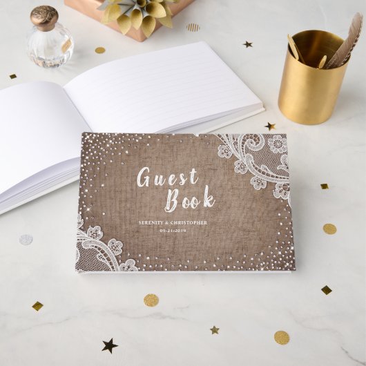 Livre D'or Burlap Lace argent parties scintillant mariage cam (Recto ouvert)