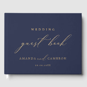 Livre D'or Calligraphie d'or romantique Marine Mariage bleu