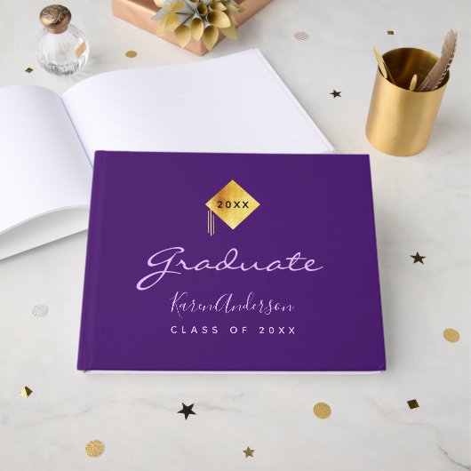Livre D'or Casquette d'or violet Graduation (Recto ouvert)